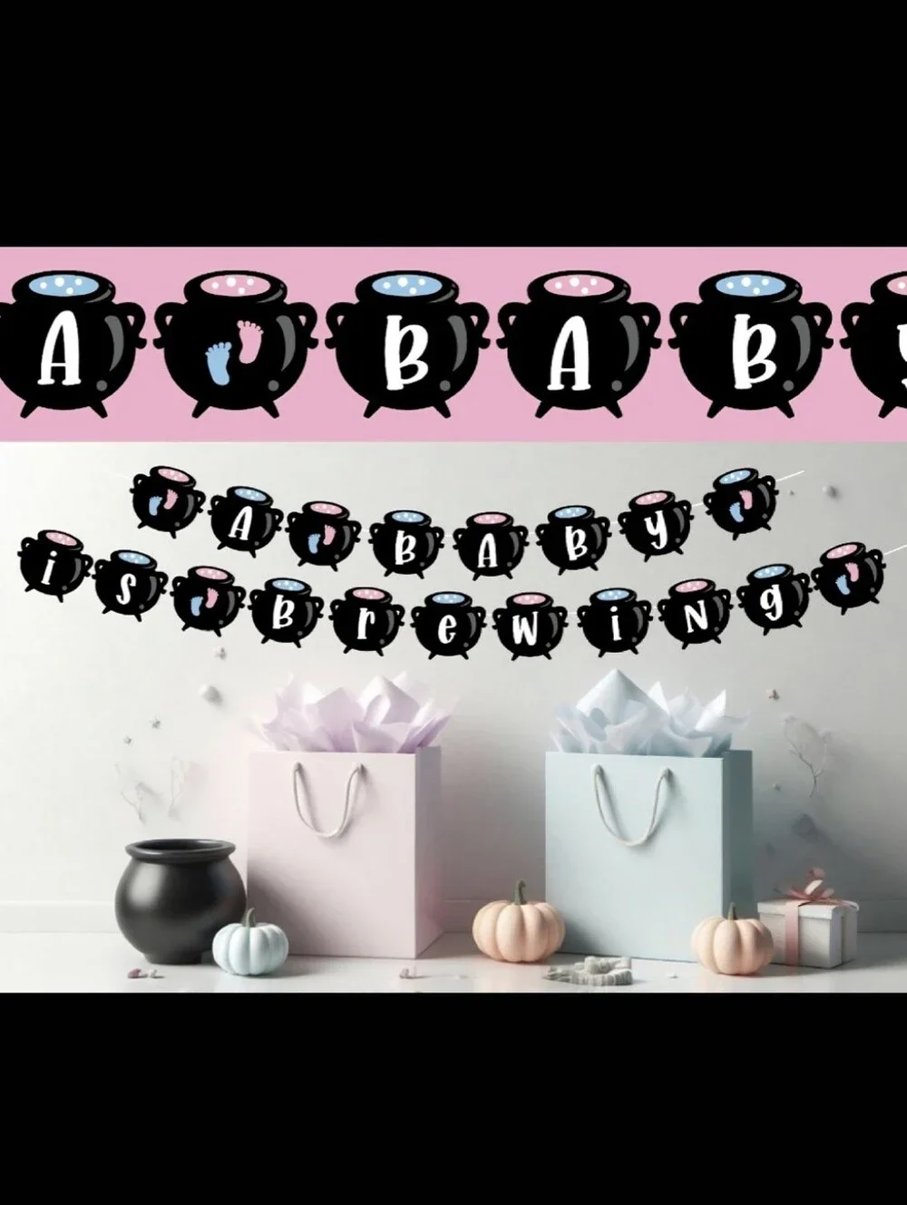 Gender Reveal 'A Baby Is Brewing' Cauldren Pink and Blue Banner Halloween